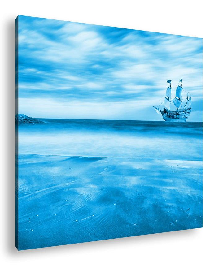 Segelschiff im blauen Meer an der Küste Format: 70x70 Effekt: Monocrome Blau als Leinwandbild, Motiv
