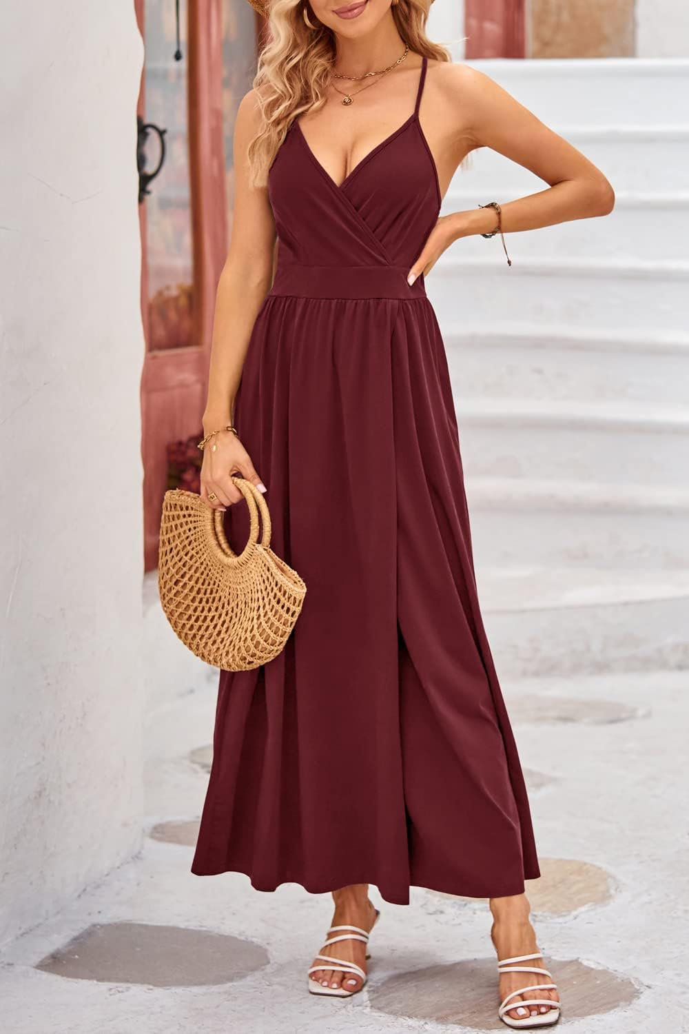 OUGES Damen Sommerkleid V-Ausschnitt Maxikleid Rückenfreies High Waist Spaghetti Strap Freizeitkleid