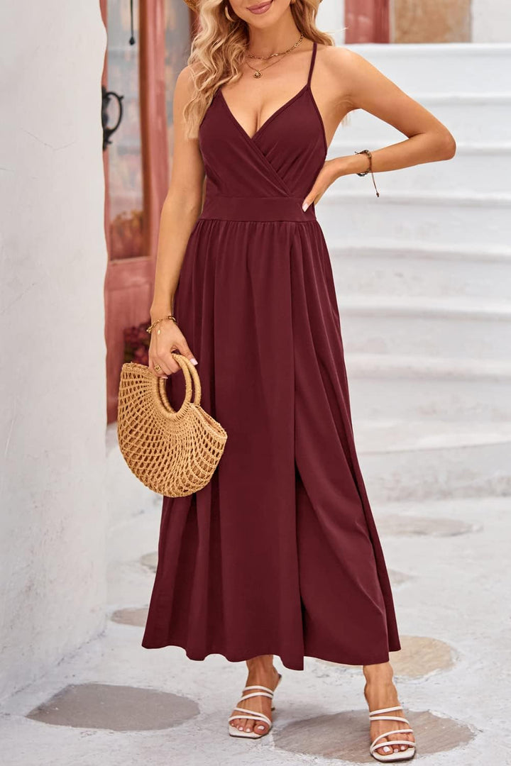 OUGES Damen Sommerkleid V-Ausschnitt Maxikleid Rückenfreies High Waist Spaghetti Strap Freizeitkleid
