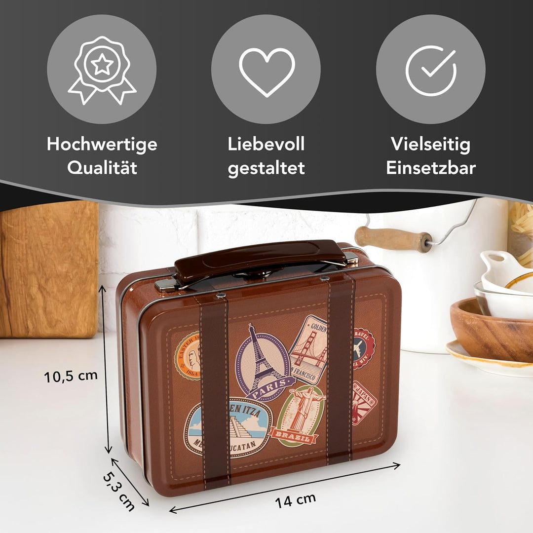 Mini Koffer - Kleine Keksdose mit beweglichem Henkel und Stickern - lebensmittelecht - Vol. ca. 0,8L