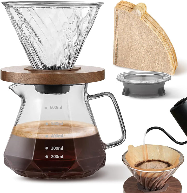 Handfilter-Kaffeebrüher, 600 ml/20 oz Karaffe aus Borosilikatglas mit Papierfiltern, Sockel aus Waln