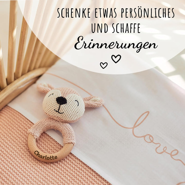 Personalisierter Beissring aus Holz für Babys - Niedlicher Greifling mit Name - Babyrassel und schön