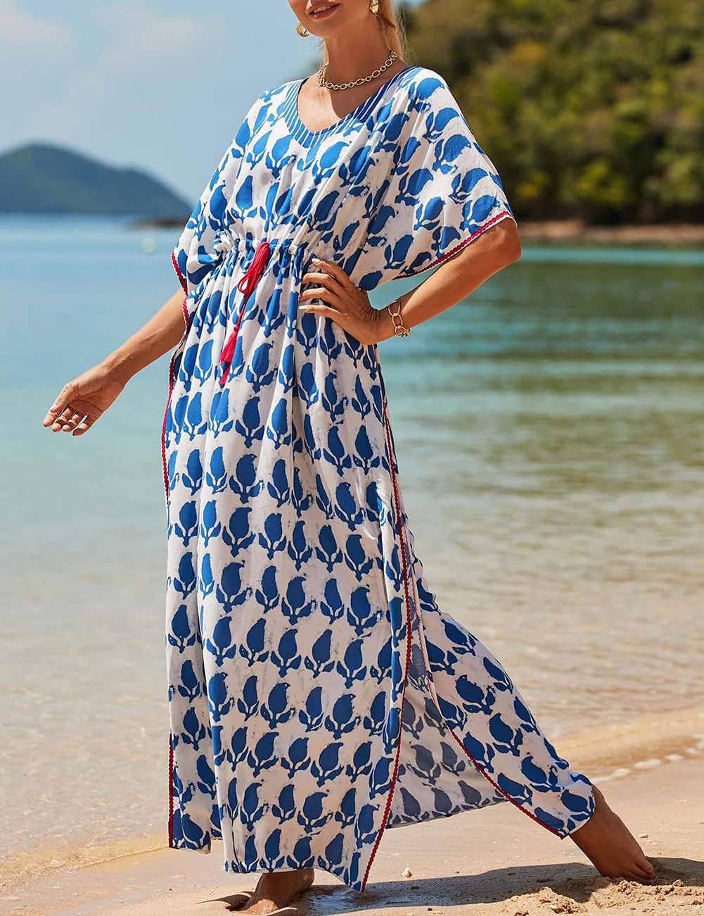 Bsubseach Damen Beachwear Türkische Kaftans Lange Strandkleid Caftan Beach Dress Weiss 2, Weiss 2
