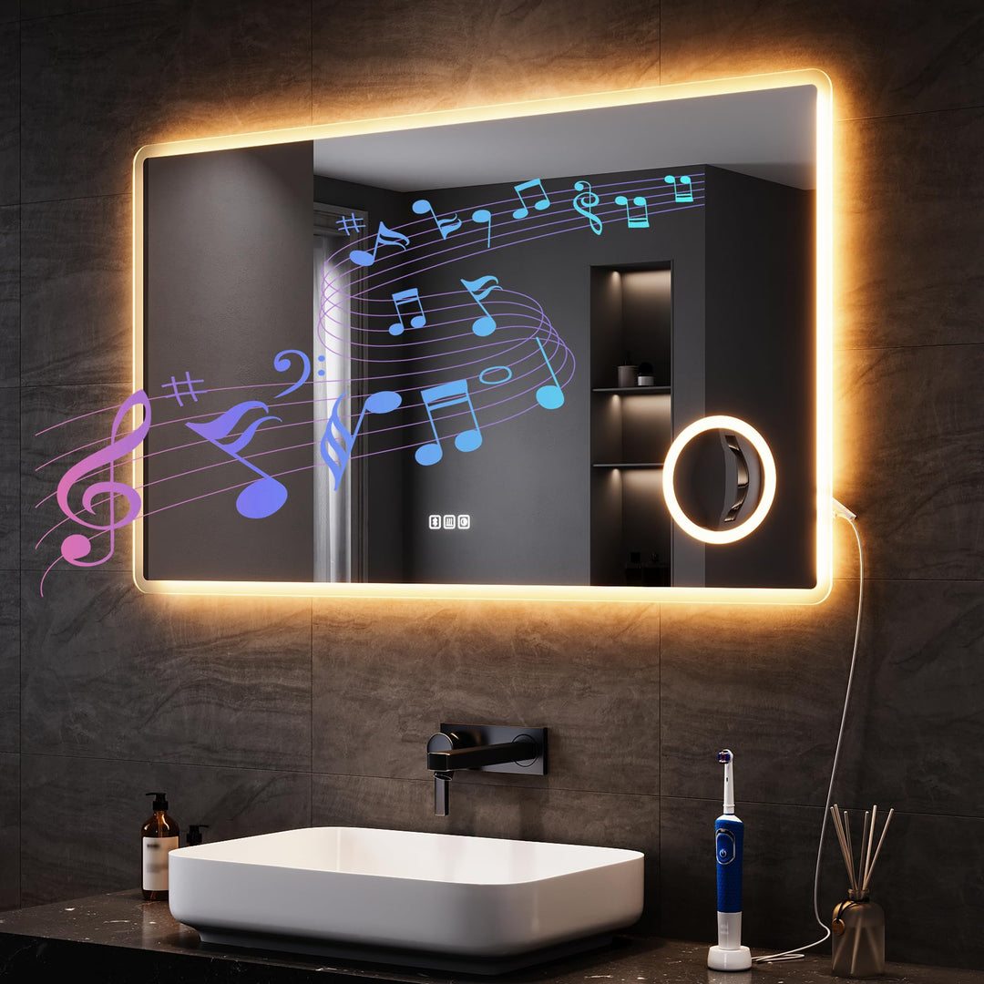 SONNI LED Badspiegel mit Bluetooth 100x60 cm, Badezimmerspiegel mit Beleuchtung und Touch, Steckdose