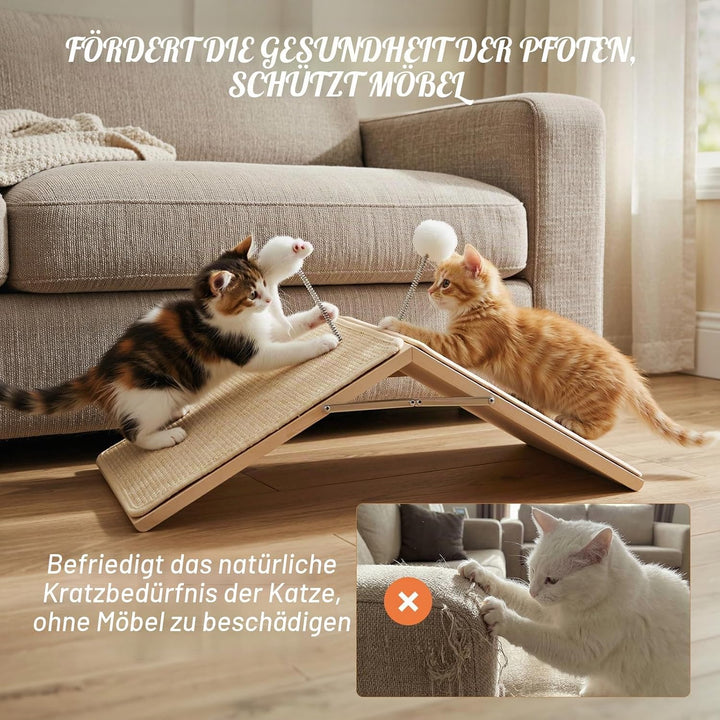 Kratzrampe für Katzen, Sisal Kratzbrett Holzrampe, Faltbares Dreieck Katzenkratzbrett mit 2 Federplü