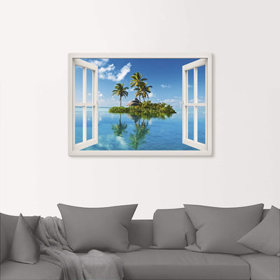 ARTland Leinwandbilder Wandbild Bild auf Leinwand 100x70 cm Fensterblick Fenster Meer Insel Palmen K