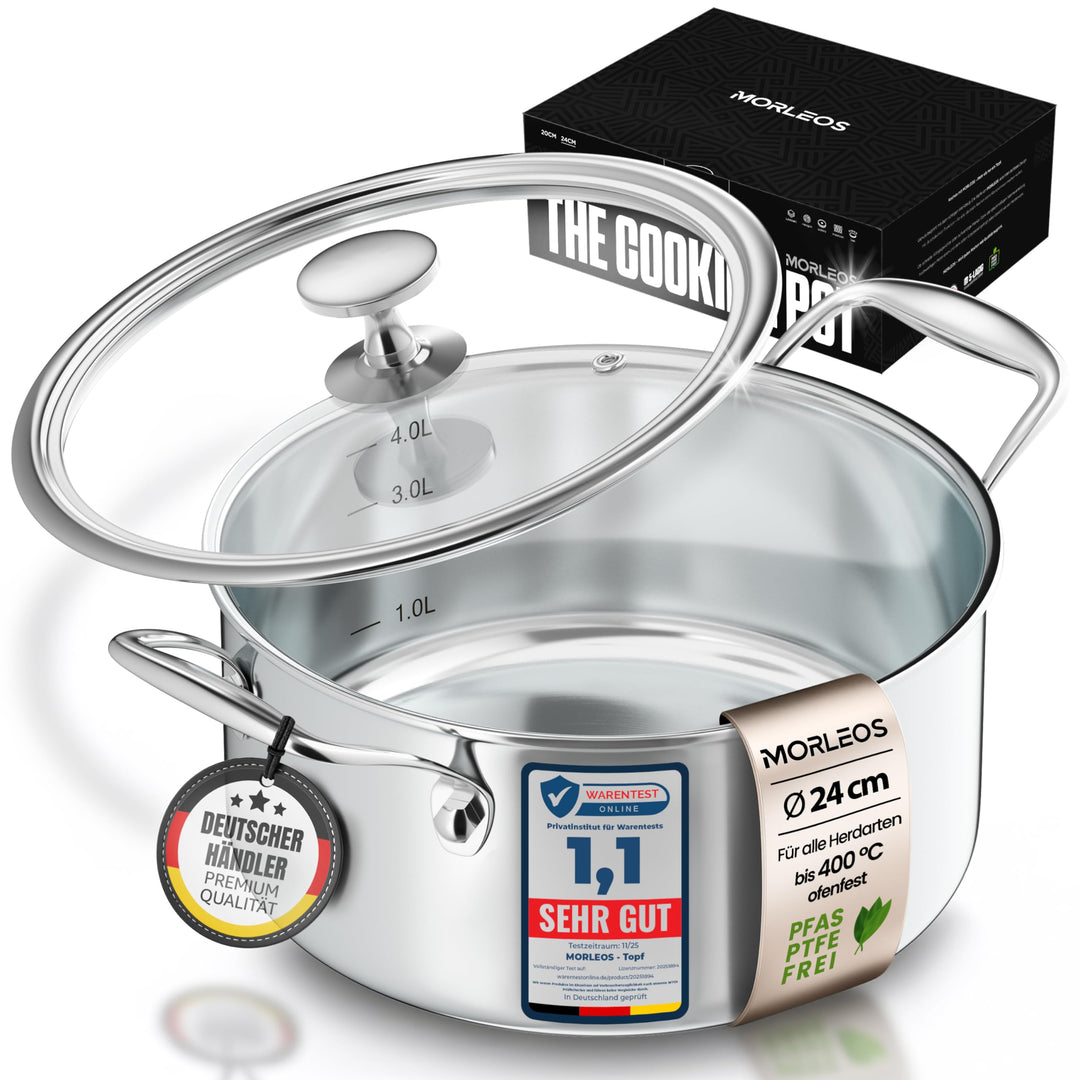 Suppentopf mit modernem, flachem Glasdeckel, 4,7 Liter Edelstahltopf Ø 24x12 cm - 2,5 kg - Induktion