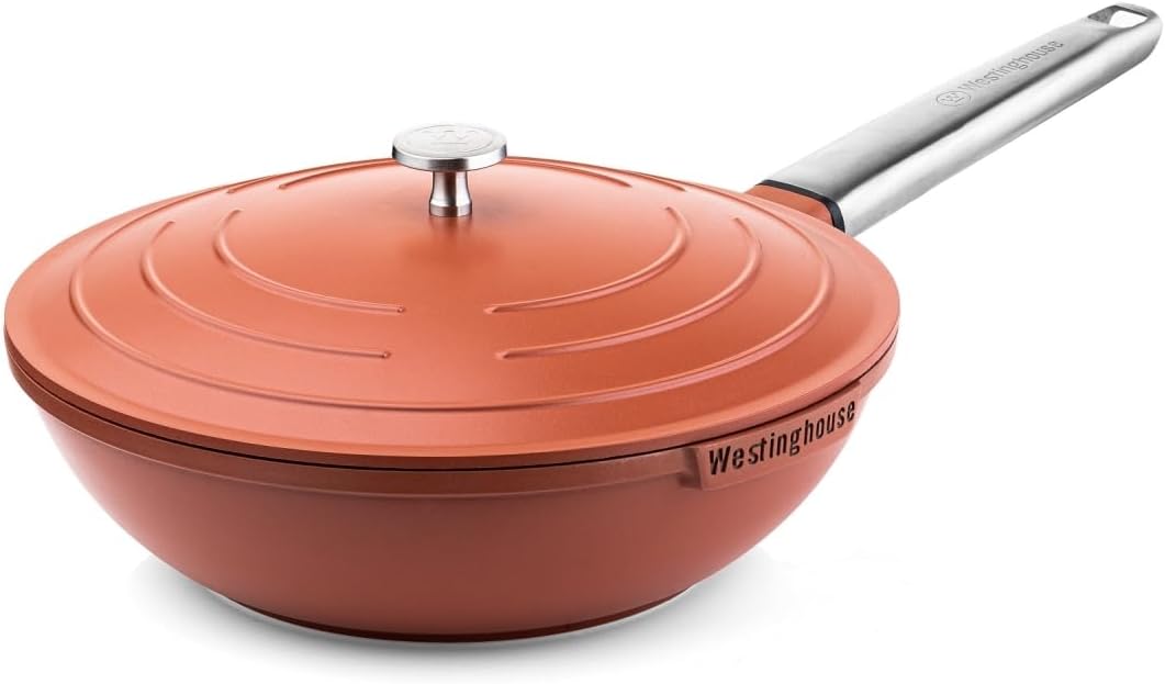Westinghouse PERFORMANCE SERIES Wok Pfanne mit Deckel, Beschichtete Pfanne 28 cm mit Edelstahl-Griff