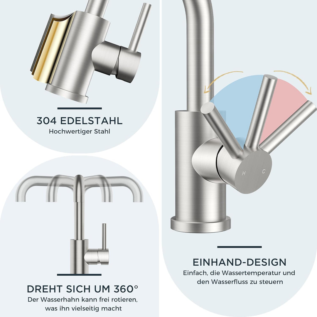 FORIOUS Wasserhahn Bad Hoch 360° Drehbar, Edelstahl Waschtischarmatur Hoch mit Warm/Kaltwasser Misch