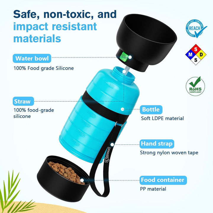 Pecute Hunde Wasserflasche 650ml mit Lebensmittelbehälter 3-in-1, Tragbare Welpen Trinkflaschen Ausl