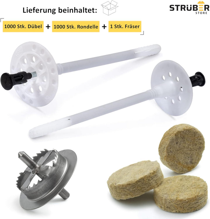 STRÜBER WDVS SET (Ø10x120mm Dämmstoffdübel mit Metalldorn 1000St + Mineralwolle Rondelle 1000St + Me
