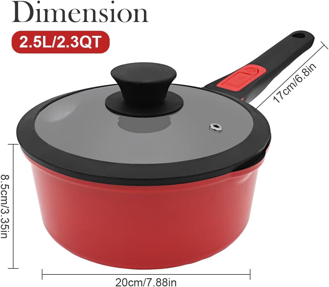 Bobikuke Kasserolle 20cm mit Deckel, 2.5L Antihaft-Stielkasserolle mit Abnehmbarer Griff, Milchtopf