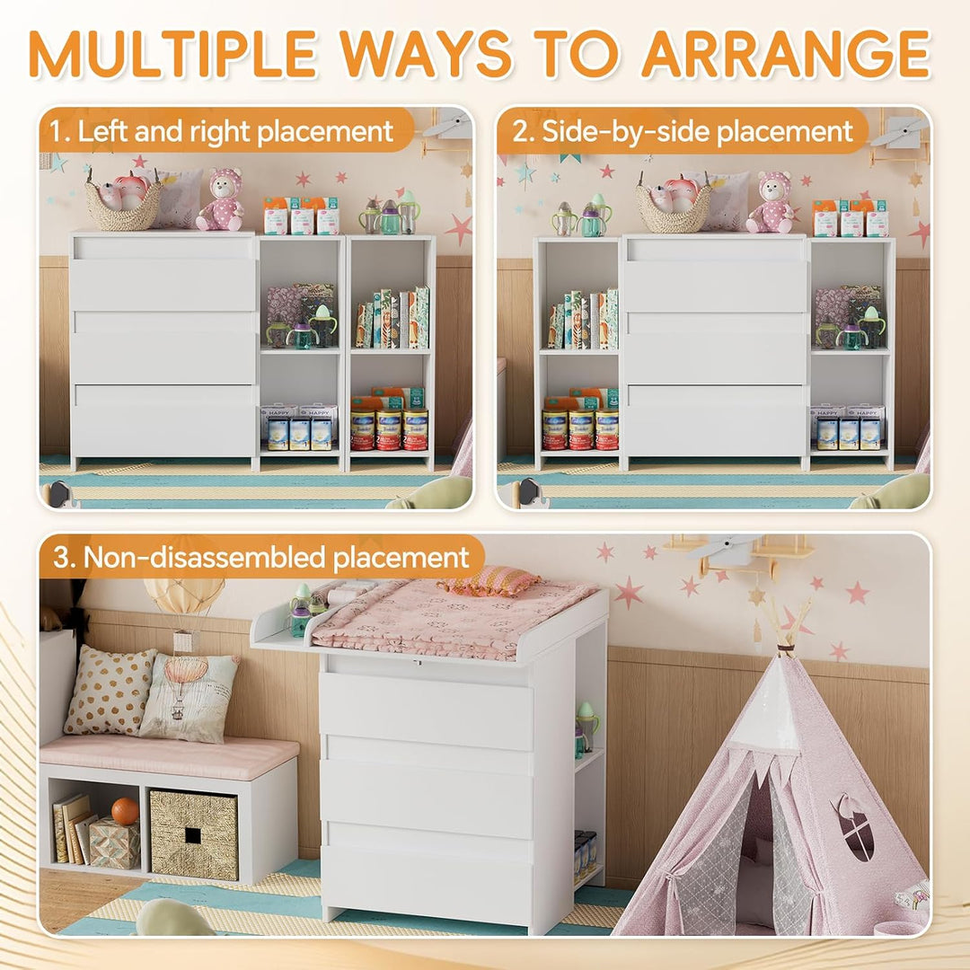 2-in-1 Wickelkommode mit abnehmbarem Wickelaufsatz, Baby Wickeltisch&Kommode mit 3 Schubladen und 6