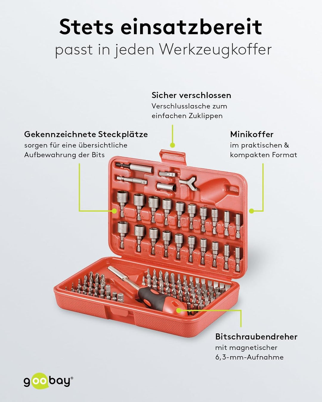 Goobay 77119 Bit Set Universal 113 Teile / Bitsatz mit magnetischen Bitschraubendreher 6,3mm / S2 We