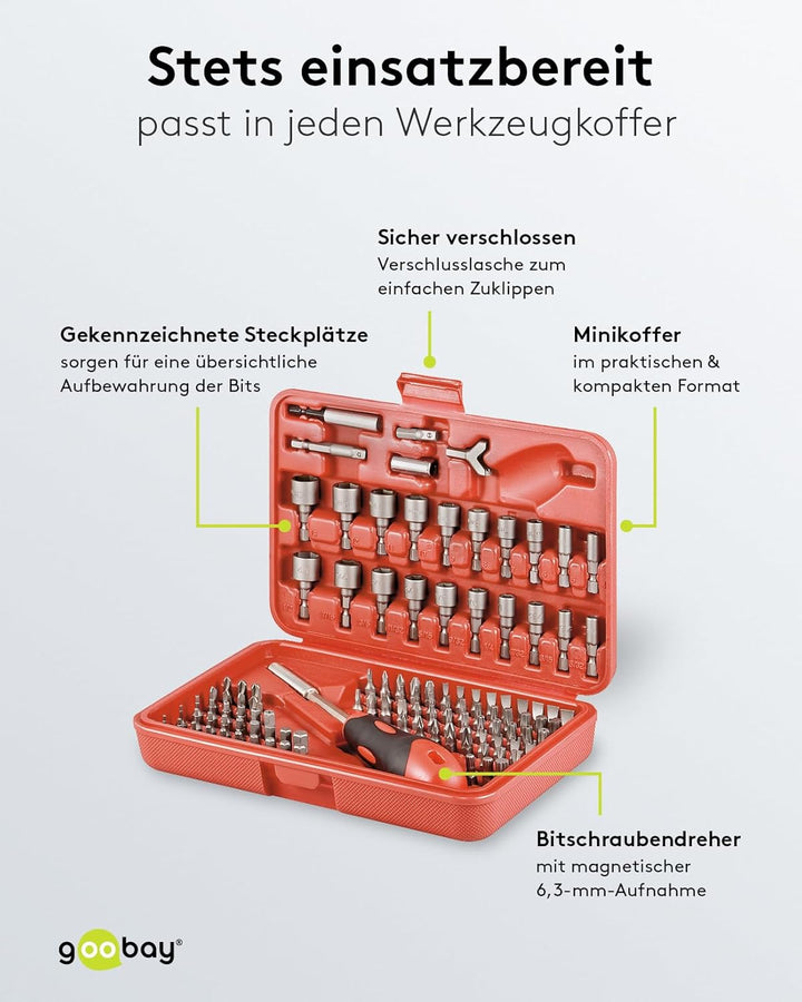 Goobay 77119 Bit Set Universal 113 Teile / Bitsatz mit magnetischen Bitschraubendreher 6,3mm / S2 We