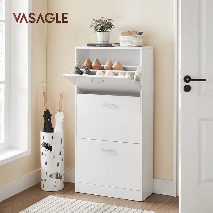 VASAGLE Schuhschrank mit 3 Klappen, Schuhregal, Schuhkipper, Schuhkommode mit 3 Tiefen Fächern, Weis