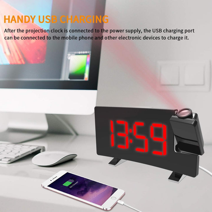 ThreeH Projektionswecker mit USB-Telefonladegerät Radiowecker mit 2 Wecktönen/4 Dimmer/180° drehbar/