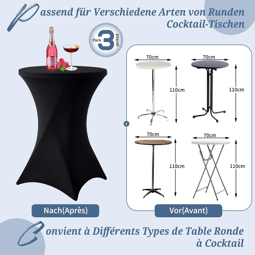 3er-Set Schwarz Stretch Stehtisch Husse Ø 70-75 cm Verstärkung im Fussbereich & 40°C Waschbar, rutsc
