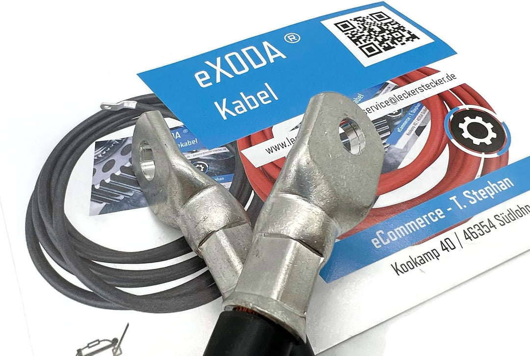 eXODA Batteriekabel 70 mm² 1,8m Kabelschuhe M8 und M10 Schwarz flexibles Kabel mit 99 Prozent Kupfer