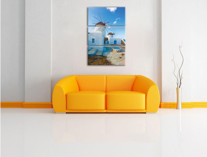 Pixxprint Windmühlen am Mittelmeer als Leinwandbild | Grösse: 3 Teilig (120x80) | Wandbild| Kunstdru