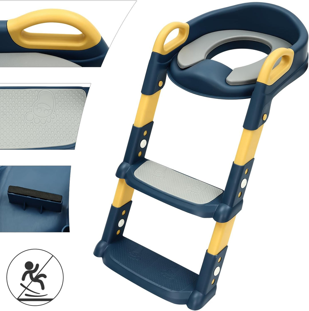 Kinder Toilettensitz mit Treppe abnehmbares PU-Kissen, höhenverstellbar 2–7 Jahre, klappbarer WC Sit