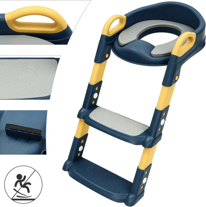 Kinder Toilettensitz mit Treppe abnehmbares PU-Kissen, höhenverstellbar 2–7 Jahre, klappbarer WC Sit