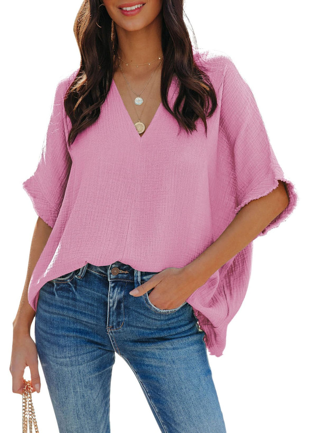 Dokotoo Damen Bluse V-Ausschnitt Musselin Tunika Shirt Oberteil Sommer Kurzarm Locker Longshirt Tops
