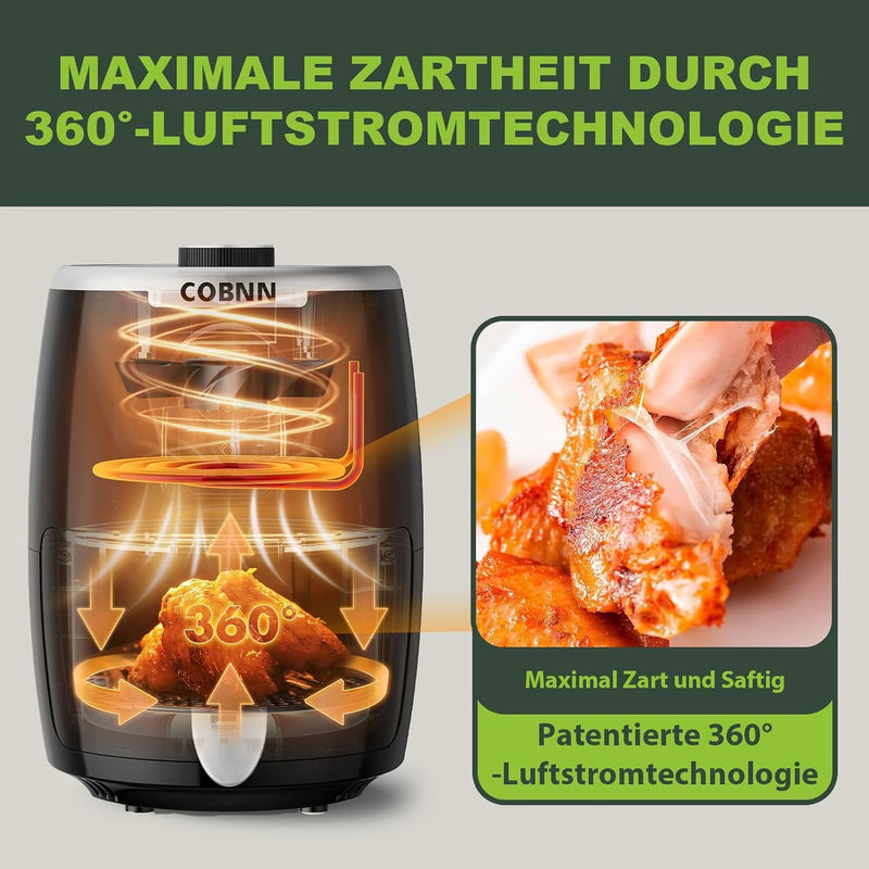 COBNN 2L Mini-heissluftfritteuse, Fritteuse mit Heissluft, 4-in-1-Funktionen, Einstellbarer Timer un