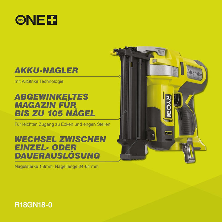 RYOBI 18 V ONE+ Akku-Nagler R18GN18-0 (Nagelstärke 1,2 mm, Nagellänge 15-50 mm, Magazinkapazität 105