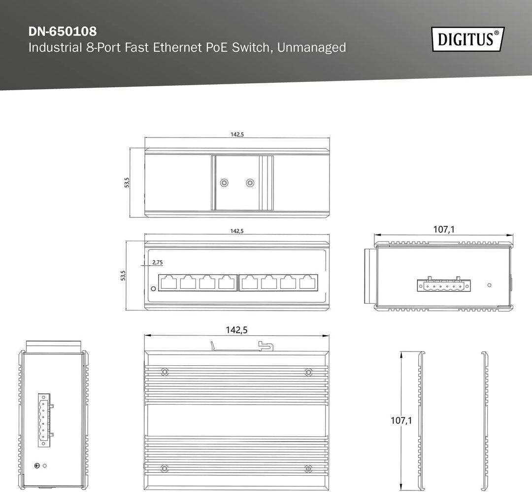 DIGITUS PoE Netzwerk-Switch - 8-Port Fast Ethernet - DIN-Rail Montage - Klemmleiste - Lüfterlos - Sc