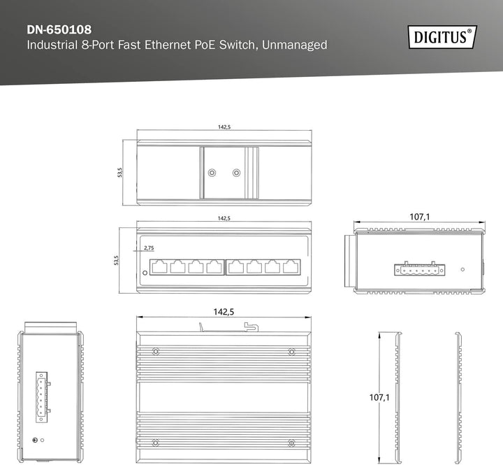 DIGITUS PoE Netzwerk-Switch - 8-Port Fast Ethernet - DIN-Rail Montage - Klemmleiste - Lüfterlos - Sc