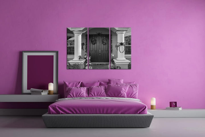 Halloween steht vor der Tür Effekt: Schwarz&Weiss,Format: 3Teilig als Leinwandbild, Motiv fertig ger