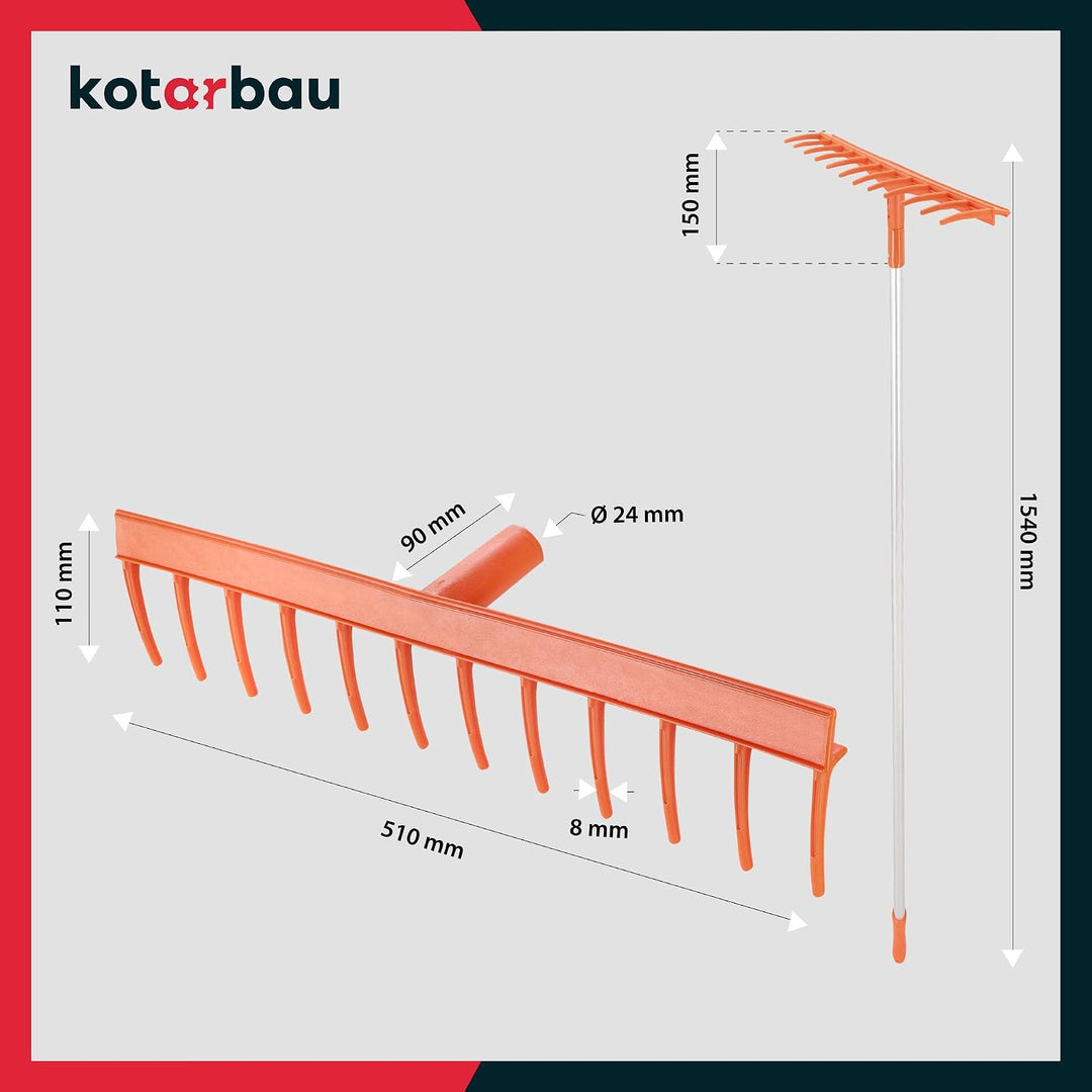 KOTARBAU® Heurechen - 51 cm - mit Aluminiumstiel 1,54 m - Laubrechen Kunststoff - 12 Zinken - Rechen
