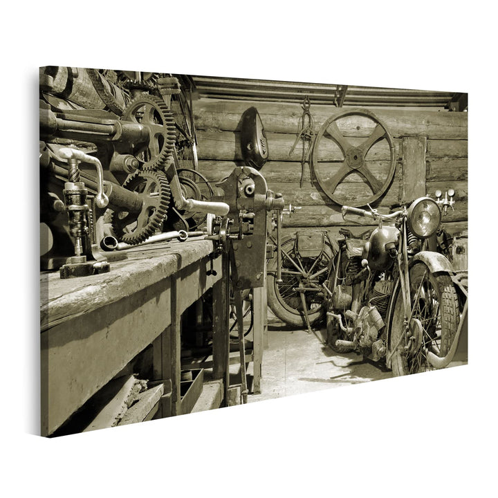 islandburner Bild auf Leinwand Vintage Motorrad Und Werkzeuge Garage Werkstatt Bilder Wandbilder Pos