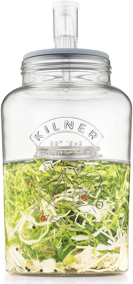 KILNER Fermentier Set | 5 Liter Glas mit Gärungsdeckel | einfaches Haltbarmachen von Gemüse | 1x Kil