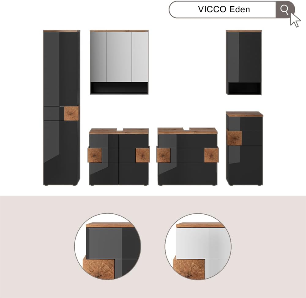 Vicco Waschbeckenunterschrank Eden, Anthrazit, 70 x 64.5 cm mit 2 Schubladen, zur Wandmontage mit Va