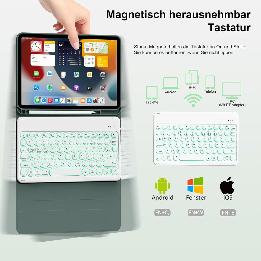 Hülle mit Tastatur für iPad 11 Generation A16/10 Generation (11/10.9 Zoll,2025/2022),7-farbige Beleu
