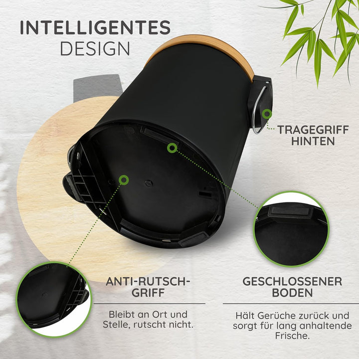Exitoso 5L Mülleimer Bad Schwarz - Kosmetikeimer mit Bambus-Holzdeckel und Absenkautomatik - mit Rut
