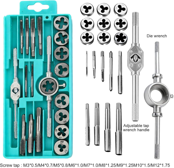 20 Tlg Gewindeschneider Set, M3-M12 Metrisch Gewindeschneidsatz, DIY Schneideisen, Gewindeschneider,