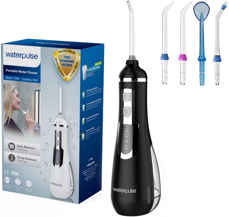 NPO Waterpulse Cordless Water Flosser, Battery Operated & Portable for Travel & Home, V500 (Black)