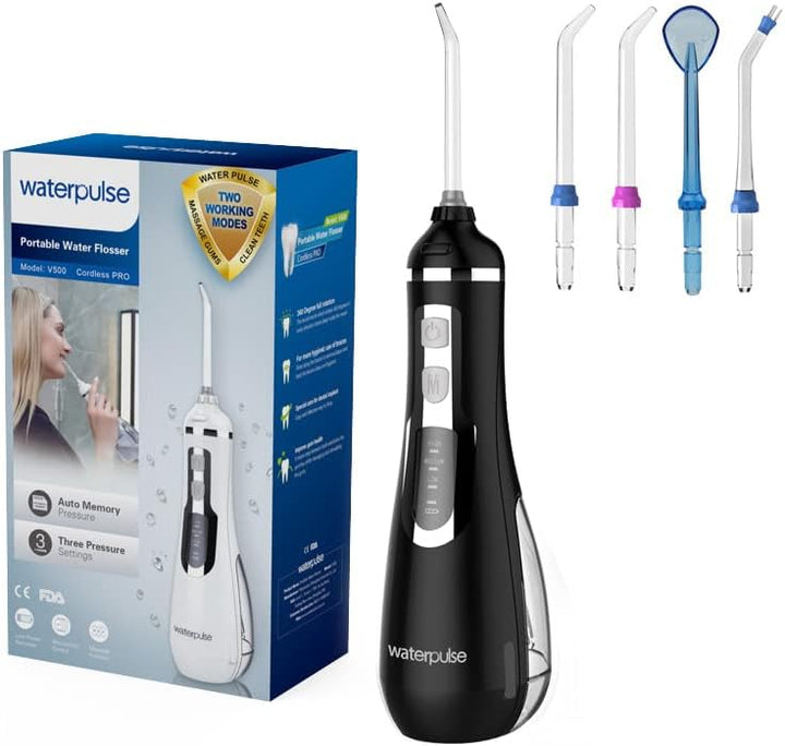 NPO Waterpulse Cordless Water Flosser, Battery Operated & Portable for Travel & Home, V500 (Black)