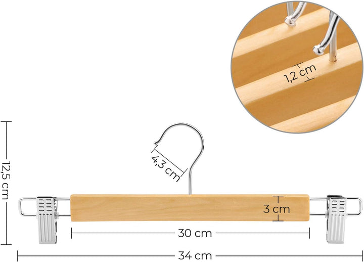 SONGMICS Hosenbügel Holz, 24er Set, Rockbügel aus Holz, mit verstellbaren Clips, rutschfest, für Hos