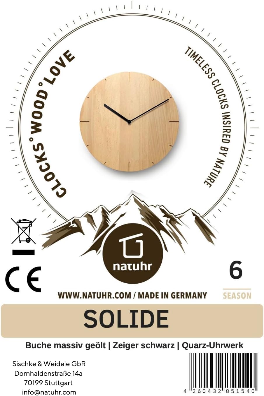 Natuhr Wanduhr Buche geölt Holz Solide Massivholz, geräuscharmes U.T.S. Uhrwerk, puristisch, modern,