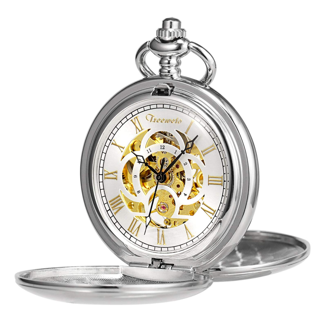 TREEWETO Unisex Taschenuhr mit Kette Analog Handaufzug Doppelscharnier Antik Graviert Römische Silbe
