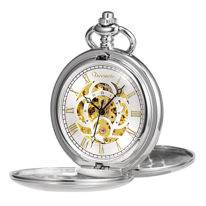 TREEWETO Unisex Taschenuhr mit Kette Analog Handaufzug Doppelscharnier Antik Graviert Römische Silbe