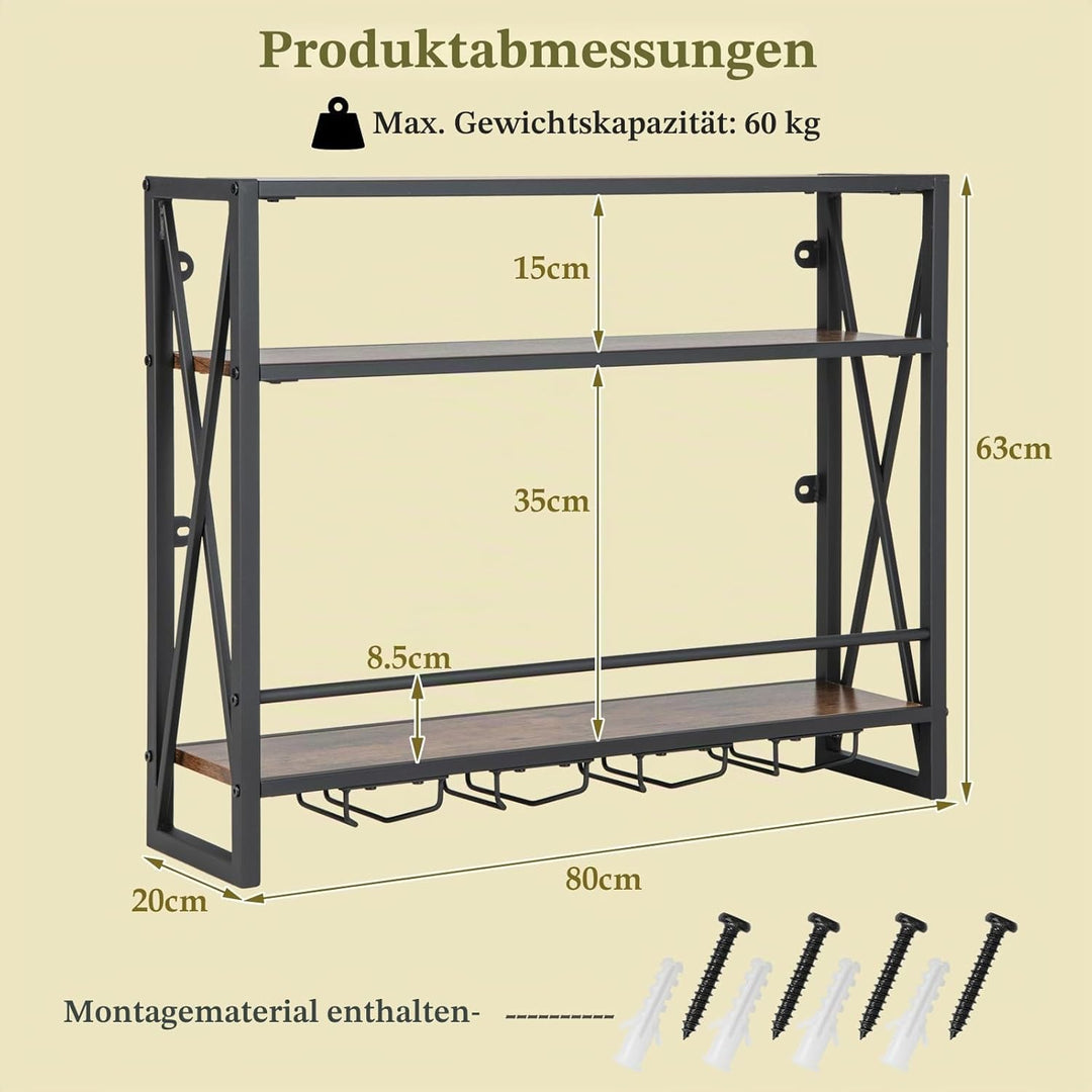KOMFOTTEU Weinregal Wand, Flaschenregal Holz mit Metallrahmen, dekoratives Wandregal mit Becherhalte
