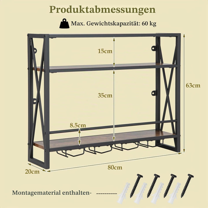 KOMFOTTEU Weinregal Wand, Flaschenregal Holz mit Metallrahmen, dekoratives Wandregal mit Becherhalte