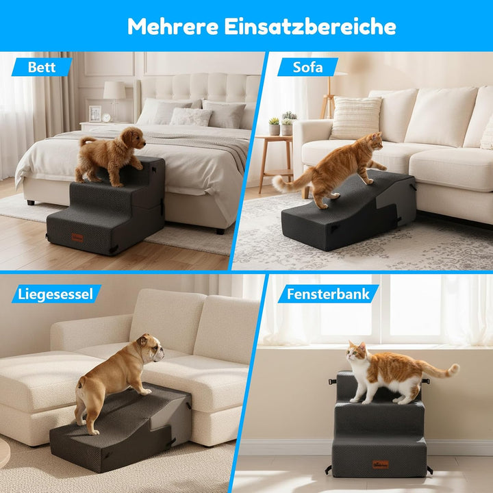 2-in-1 Hundetreppe für Kleine Hunde 28/40 cm, Katzentreppe für Alte Katzen – 3 Stufen mit Waschbarem