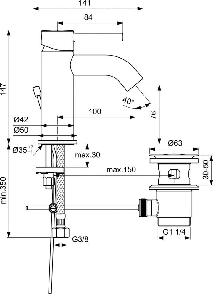 Ideal Standard BC193XG Ceraline Waschtischarmatur H75 mit Zugstangen-Ablaufgarnitur, Ausladung 10 cm