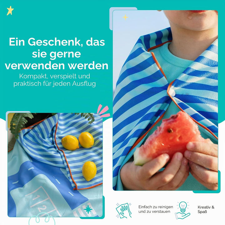 Quut – Strand-/Poolhandtuch für Kinder mit Spiel – Ultraschnell trocknende Mikrofaser, sandfrei – ko